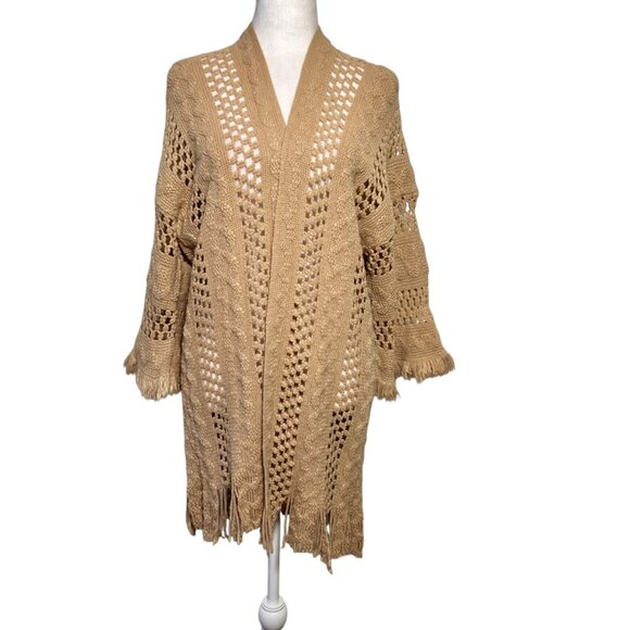 Oversized Slouchy Fringe Long Granola Crochet Sweater Chunky Brown Indie Boho - Picture 1 of 12